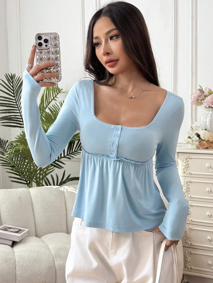 SHEIN EZwear 女式纯色长袖方领 T 恤，夏季时尚设计，娃娃装上衣 - 藍色 - 查看 1