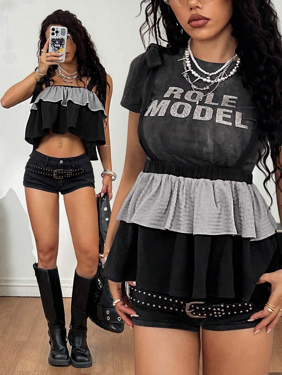 SHEIN EZwear Áo ba lỗ không tay xếp nếp chắp vá tương phản phong cách đường phố cổ điển thường ngày mùa hè nhiệt đới dành cho nữ Y2K - Nhiều màu - Xem 1