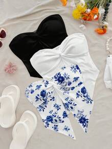 Soleia 3 件热带花卉印花性感扭纹前短款吊带背心，休闲度假，黑白蓝色，Y2K Coconutgirl 波西米亚节日风格 - 彩色 - 查看 4