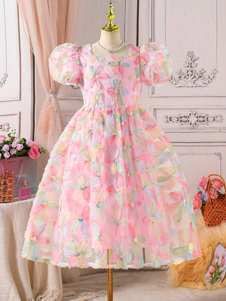 Tween Girl Colorful 3D Floral Mesh Puff Sleeve Sweet Dress - Multicolor - View 1
