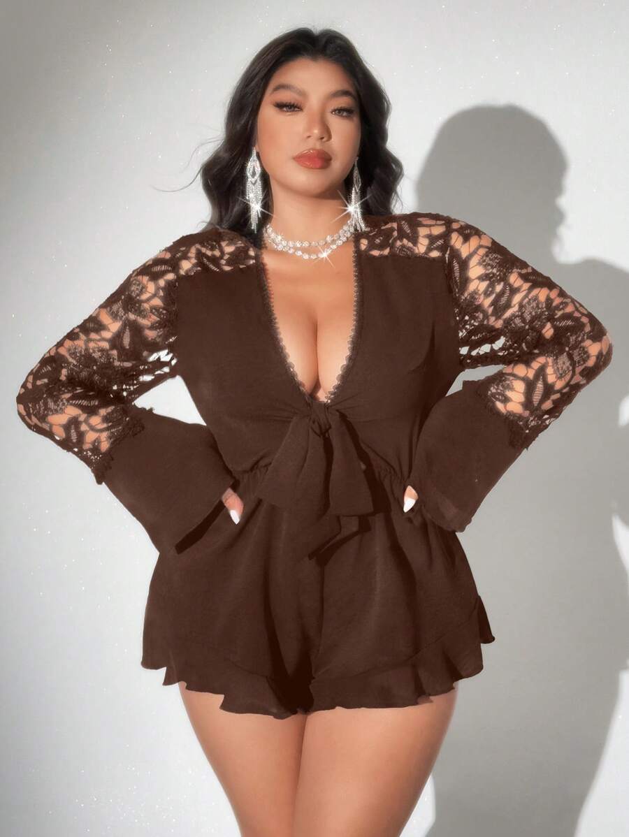 Viva Relle 加大码深V领连体裤，纯色长袖，夏季时尚