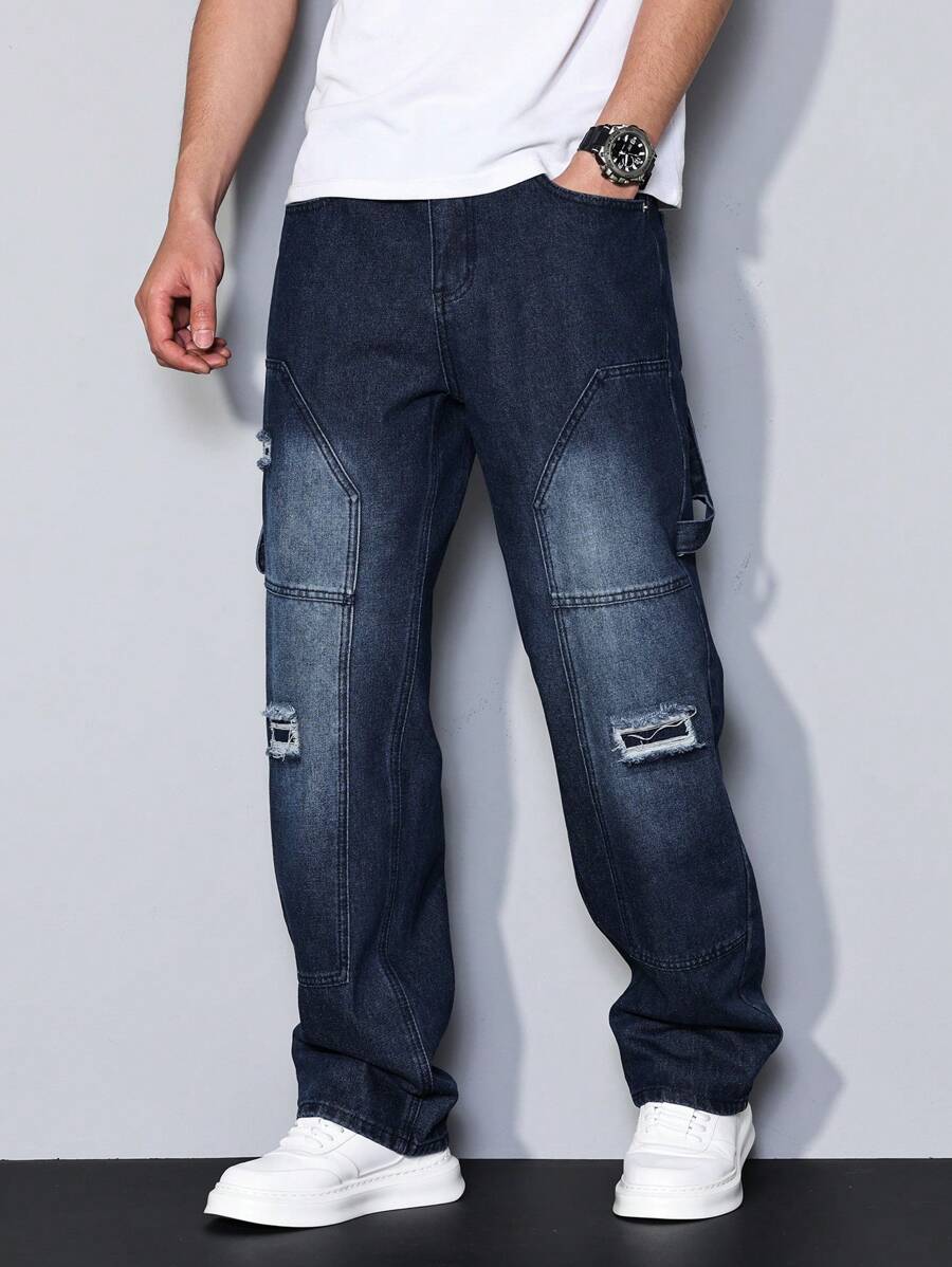 Manfinity Homme Men's Distressed Pocket Contrast Color Straight Leg Jeans, Casual - Dark Wash - View 1