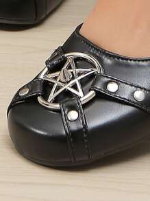 ROMWE Goth New Arrival Women's Round Toe Casual Flat Shoes With Dark Star & Stud Decoration Fall New Year Holiday Valentines Spring Shoes