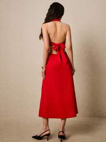 Poéselle 红色亚麻连衣裙，纽扣饰边，西装领设计，夏季女装，太阳裙，复活节女装，女士纯色单排扣翻领无袖休闲连衣裙，适合日常、街头、假日、约会等场合穿着 - 紅色 - 查看 6