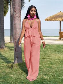 Slaydiva New Casual Vacation Halterneck Strappy Top + Wide-Leg Super Long Pants Bamboo Fabric White Women's Two Pieces Set-M - Pink - View 6