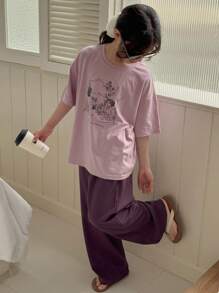 Dazy Kids Bộ 2 chiếc/Bộ áo thun tay ngắn cổ tròn in họa tiết cho bé gái tuổi mới lớn và quần ngủ, mùa xuân/hè, quần áo trở lại trường - Màu tím - Xem 5