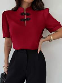 Firerie Nueva camisa elegante y romántica de botones con mangas abullonadas y contraste de colores para mujer, para primavera/verano - Burdeos - Ver 8
