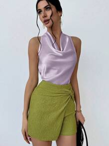 Firerie Blusa elegante de mujer con lazo en el cuello y dobladillo suelto color albaricoque