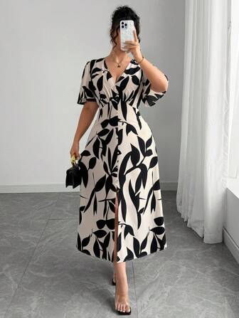 Elenzga Women's French Elegant Versatile V-Neck Cinched Waist A-Line Button Decor Ruffle Hem Split Lantern Sleeve Mid-Length Dress, Suitable For Commute, Business, Casual, Vacation, Afternoon Tea, Music Festival, Boho Country