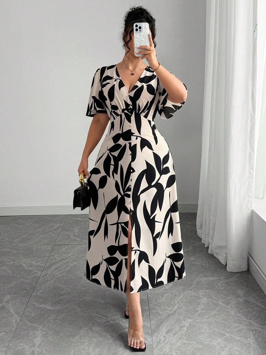 Elenzga 女式法式优雅百搭 V 领收腰 A 字形纽扣装饰荷叶边下摆开衩灯笼袖中长连衣裙，适合通勤、商务、休闲、度假、下午茶、音乐节、波西米亚乡村 - 彩色 - 查看 1