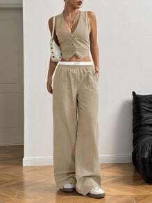 Flirla 女款休闲通勤条纹背心和裤子两件套 - 卡其色 - 查看 1