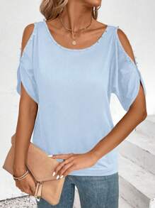 SHEIN LUNE Maglietta casual da donna a maniche corte, con spalle scoperte, di colore unito e taglio ampio