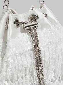 SHECARRY 女士优雅经典百搭白色亮片珠子长流苏珍珠手柄手提包 - 白色 - 查看 7