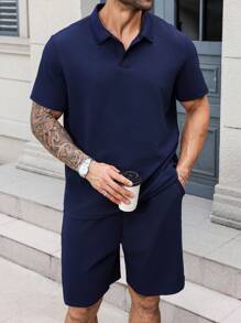 Manfinity Homme 大码男士纯色短袖 Polo 衫和短裤套装，休闲简约质感