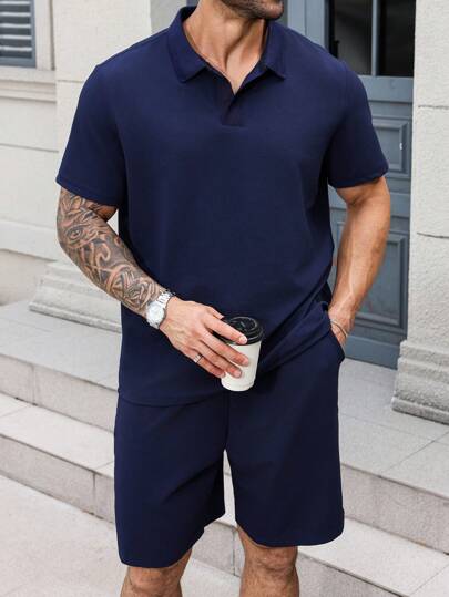 Manfinity Homme 大码男士纯色短袖 Polo 衫和短裤套装，休闲简约质感