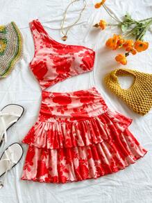 Soleia Bohemian  ,Boho, Romantic Floral ,Vacation, Floral  4th Of July Clothes  Rave Outfits White Graduation Dress Party Dress Graduation Outfit 4th Of July Dress  Butter Yellow 4th Of July Festival Concert Vacation Dress Vacation Red Floral Print Knit Elastic Ruffle One Shoulder Mini Dress For Women,Vacation Dress,Summer Dresses,Summer Dresses,Backless - Multicolor - View 1