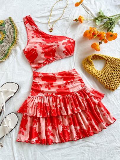 Soleia 女式度假红色花卉印花针织弹力荷叶边单肩迷你连衣裙