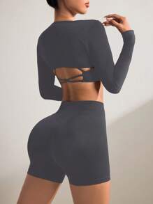 SHEIN Sports 3pcs Women's Seamless Sports Set: Long Sleeve Cropped Camisole, Short Top And Shorts - Dark Grey - View 6