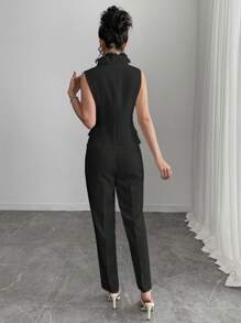 Chiquease 2 Pieces Set Women's Tight Sleeveless Deep V-Neck 3D Ruffle Pocket Button Cross Overlap Asymmetric Hem Capri Pants, Elegant Casual Formal Commuter Spring/Summer Office Wedding Party Vest & Trousers Suit - Black - View 2