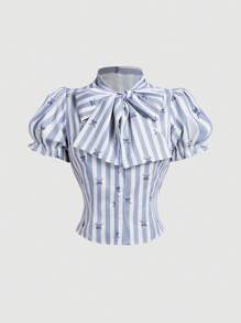 SHEIN MOD 女式蓝色条纹蝴蝶结衬衫 - 藍色 - 查看 1