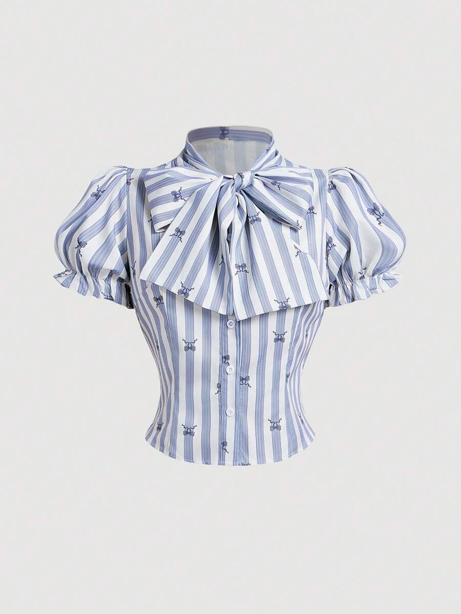 SHEIN MOD 女式蓝色条纹蝴蝶结衬衫 - 藍色 - 查看 1