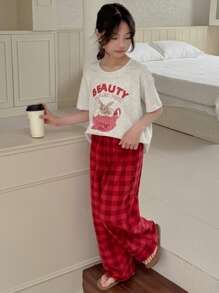 Dazy Kids Tween Girl Short Sleeve Round Neck T-Shirt And Pants Pajamas Set,Girls Summer Outfits,Back To School Clothes