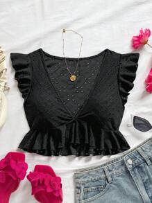 Soleia Eyelet Embroidery Ruffle Trim Crop Top - Black - View 6