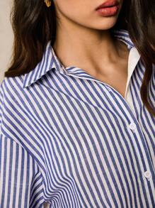 Poéselle Women Casual/Commute Striped Long Sleeve Shirt - Blue and White - View 3