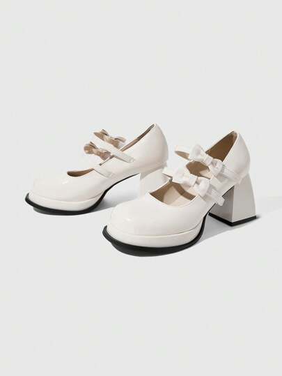 Kawaii Scarpe da donna con punta chiusa, tacco chunky e platform, con fiocco, scarpe eleganti per abiti, loafer sexy Mary Jane con suola piatta per ufficio e lavoro formale