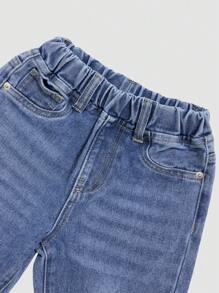 Denimly 年轻男孩休闲舒适简约百搭户外校园松紧腰洗水牛仔裤 - 中等水洗藍 - 查看 5