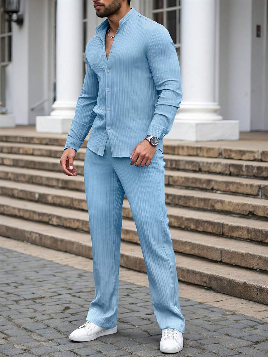 Manfinity Homme Conjunto de camisa de manga larga de un solo abotonado y pantalones de unicolor para hombre - Celeste - Ver 1