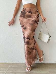 SHEIN PETITE Chân váy ôm sát thời trang xẻ tà bằng vải lưới in họa tiết dành cho nữ. - Màu be - Xem 1