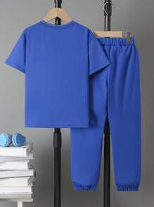 SHEIN Explorewe 2pcs/Set Tween Boys Sporty Color-Blocking Letter Print Short Sleeve T-Shirt And Sweatpant Suit - Royal Blue - View 2