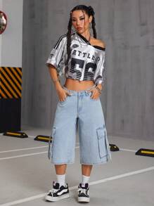 SHEIN ICON High Street Women's Loose Fit Cargo Pockets 7/8 Length Denim Pants