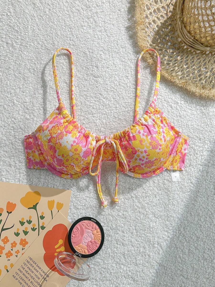 Swim Mod Women's "Call" Print Tied Spaghetti Strap Bikini Top For Summer Beach Vacation - Multicolor - View 1
