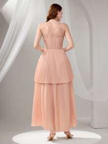 Poshira Women's Elegant Solid Color Pleated Camisole Maxi Dress,Formal Beaded Design Body Sequins Suspender Summer Dress For Graduation,Cocktail & Party - Pink - View 2