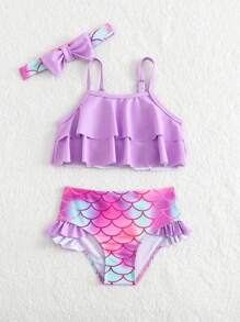 Young Girl Fish Scale Print Tankini Swimsuit Set With Hair Bow - Multicolor - View 4