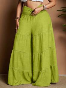 Maweii Plus Size Women Solid Color Waist Drawstring Wide Leg Pants For Vacation Fall Cloth For Women - Green - View 4