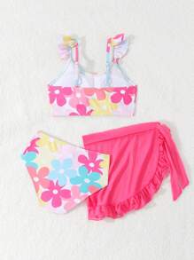 SHEIN Tween Girls Floral Print Ruffled Hem Bikini Swimsuit Set With Beach Cover-Up Dress - Pink - View 2