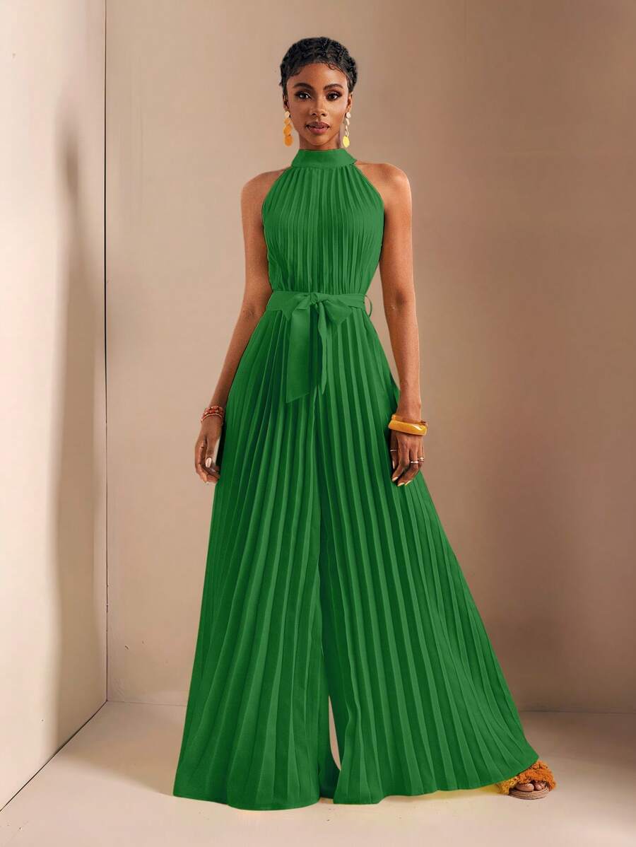 Zivah 春夏新款休闲度假小立领无袖褶皱超宽松阔腿特长裤腰带蝴蝶结黄色女连体裤-M - 綠色 - 查看 1