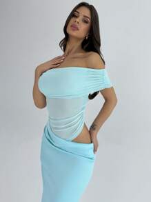 Firerie Elegant Romantic Fairycore Off Shoulder Pleated Mesh Patchwork Blue Dress, Low Waist Slimming And Elongating, Suitable For Date, Wedding, Beach Holiday - Blue - View 3