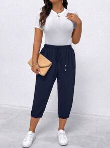 EMERY ROSE Plus Size Women Solid Color Draw-String Waist Pockets Cropped Casual Pants