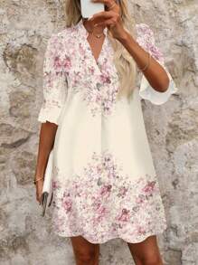 SHEIN Clasi Summer Romantic Floral Print V-Neck Short Sleeve Loose Casual Mini Dress, Suitable For Daily Outing Summer Outfits For Women Vacation Dress Modest Dresses For Women Tea Party Dress,Summer Dresses For Women Summer Outfits For Women