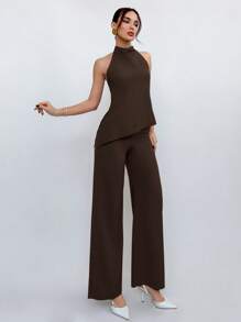 Aloruh Conjunto de Top Halter e Calça em Cor de Café Simples para Uso Diário da Mulher