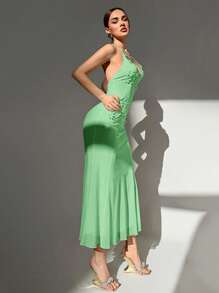 Aloruh 定制 3D 花卉领结修身网眼连衣裙，深 V 领和高开衩，适合婚礼季节