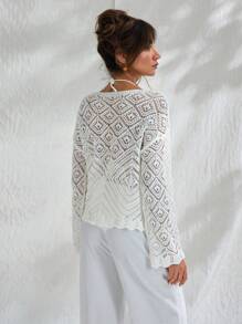 RueChic Femme Cache-col couleur unie à col rond et manches larges avec motif ajouré