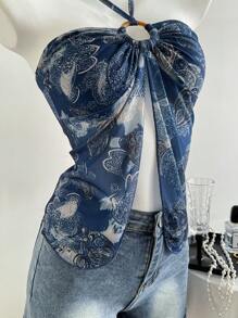 Elamini Women's Casual Blue Cashew Floral Print Halter Neck Camisole For Spring/Summer