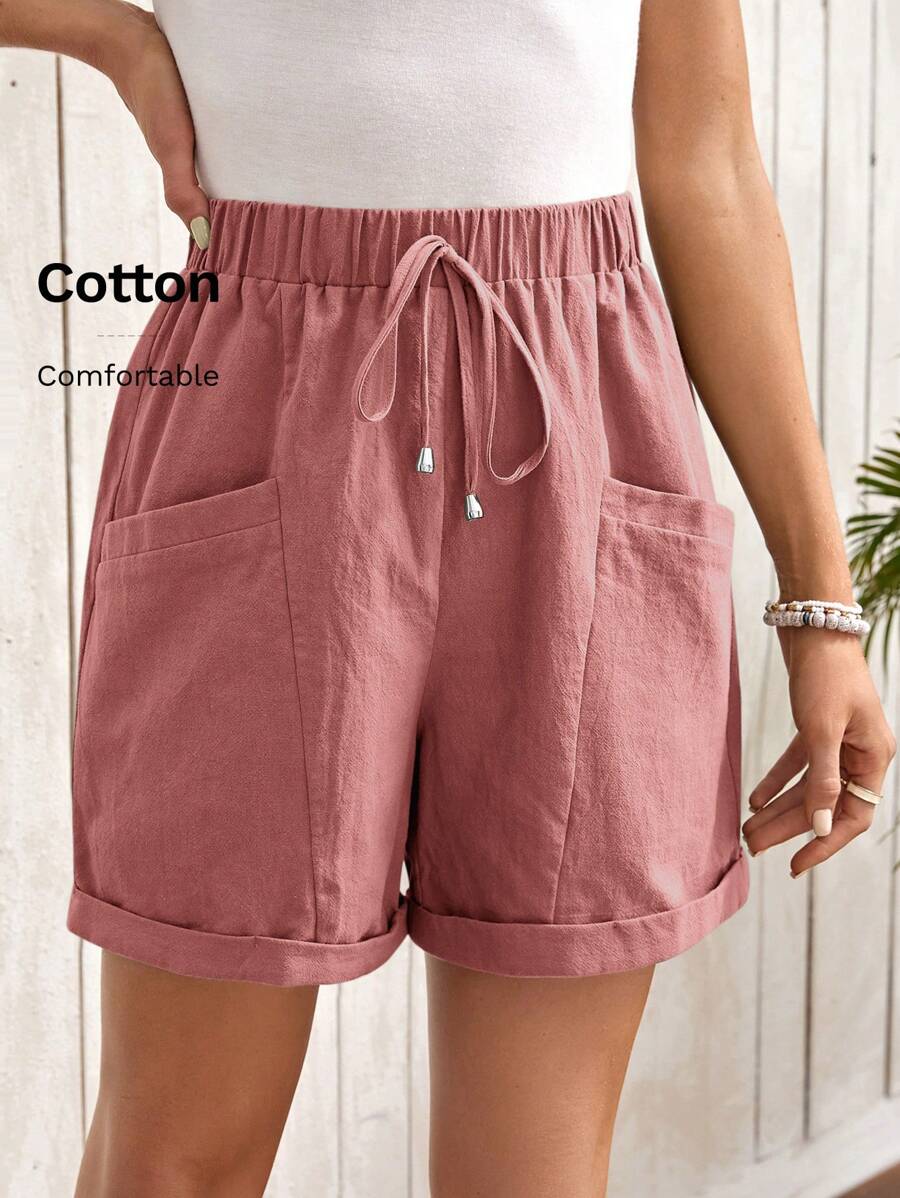 EMERY ROSE Women Solid Color Tie Waist Casual Shorts With Pockets For Summer - Pink - View 1