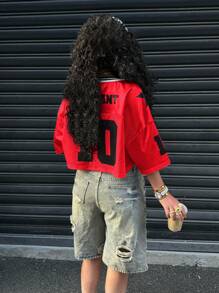 SHEIN EZwear Fashionable Red Satin & Mesh Panel Printed T-Shirt, Suitable For Summer - Red - View 2