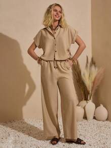 Bóhologie Boho Bohemela Womens Clothing Women Summer Clothes  White Casual  Germany Seaside Holiday, Suitable For Everyday, Out Of The Street, Holiday And Other Occasions To Wear Casual Style, Effortless Linen Feeling Rushing Detailed Short Sleeve Shirt With Relaxed Fit Pant  Suitable For Everyday, Out Of The Street, Holiday And Other Occasions To Wear - Beige - View 1